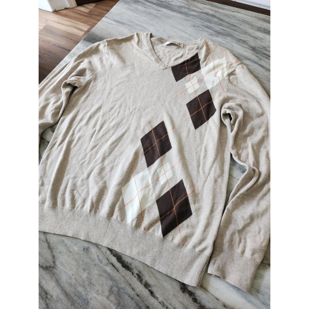 Old Navy Mens XL Argyle V-Neck‎ Sweater Beige Brown 100% Cotton Long Sleeve